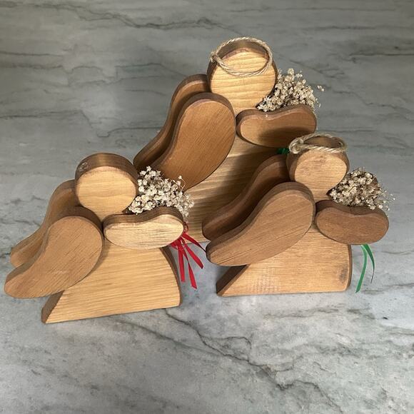 Vintage Christmas Angels Solid Oak 3 Piece Set Holiday Decor - Picture 1 of 4